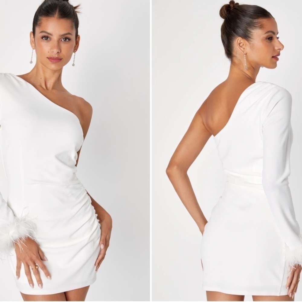 LULU's Bachelorette Engagement Bridal Sexy One Shoulder Long Sleeve Mini Dress - Picture 5 of 5